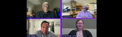 screenshot of four panelists - Mel Wilson, Yvonne Chase, Victor Manalo, Emily Kenney LCSW